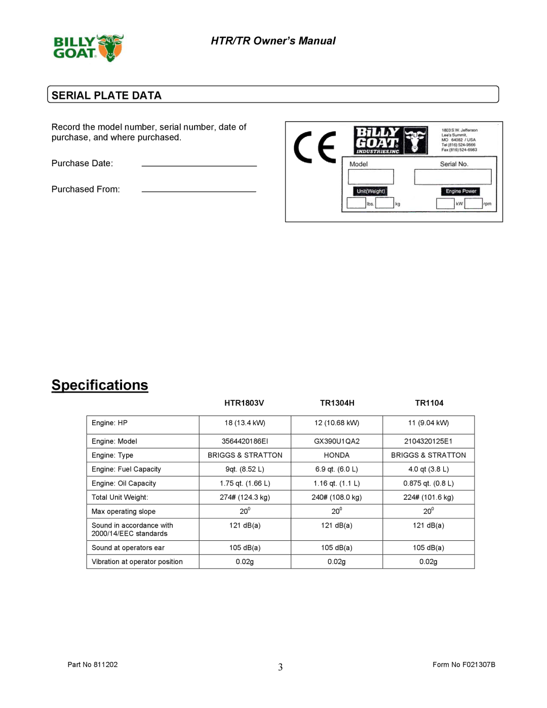 Billy Goat TR1104, TR1304H owner manual Specifications, Serial Plate Data 