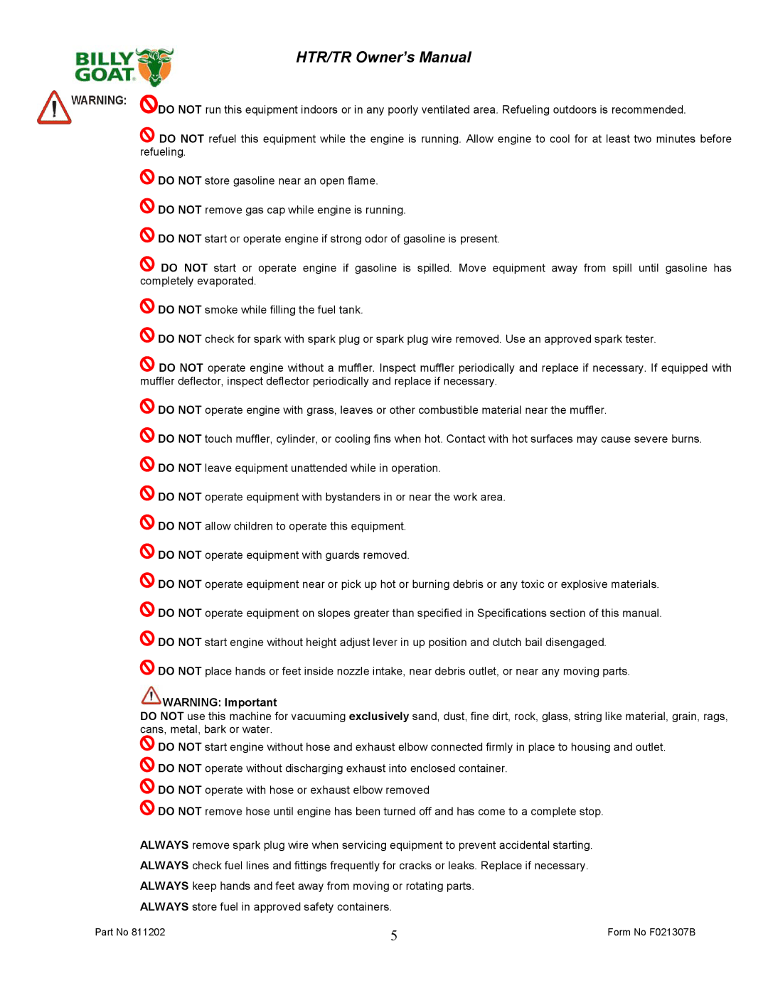 Billy Goat TR1104, TR1304H owner manual Form No F021307B 