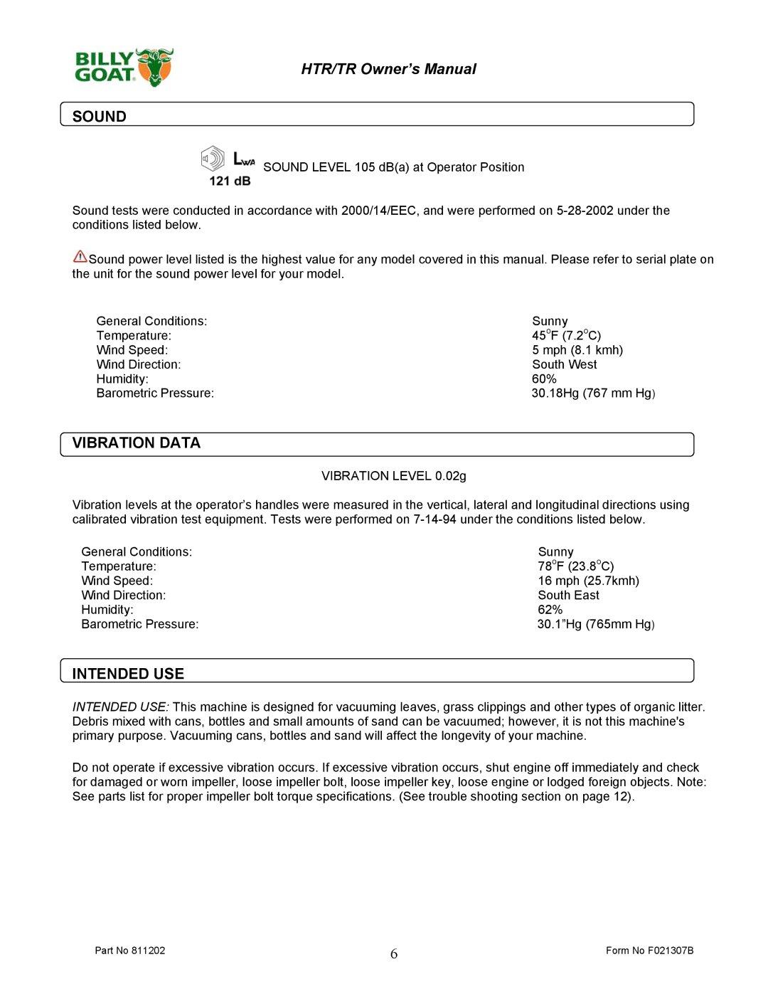 Billy Goat TR1304H, TR1104 owner manual Sound, Vibration Data, Intended USE 