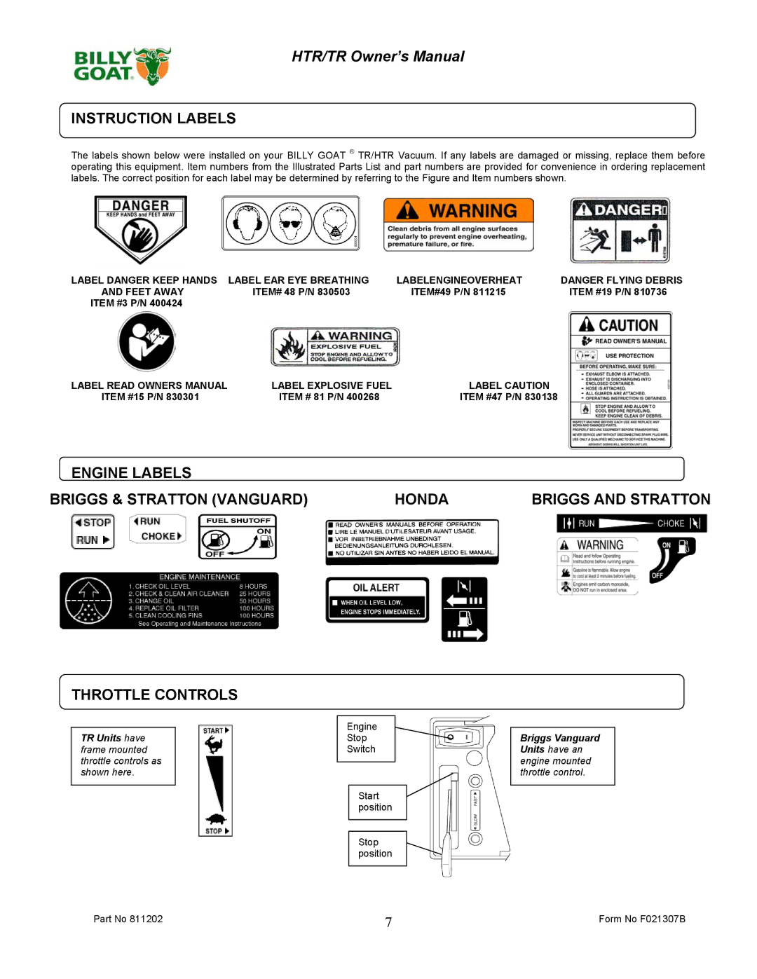 Billy Goat TR1104, TR1304H Instruction Labels, Engine Labels Briggs & Stratton Vanguard Throttle Controls, Honda 