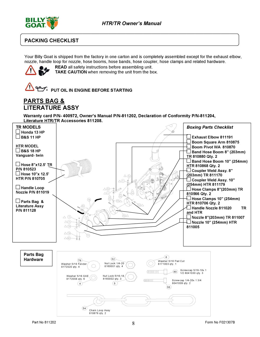 Billy Goat TR1304H, TR1104 owner manual Packing Checklist, PUT OIL in Engine Before Starting, TR Models 