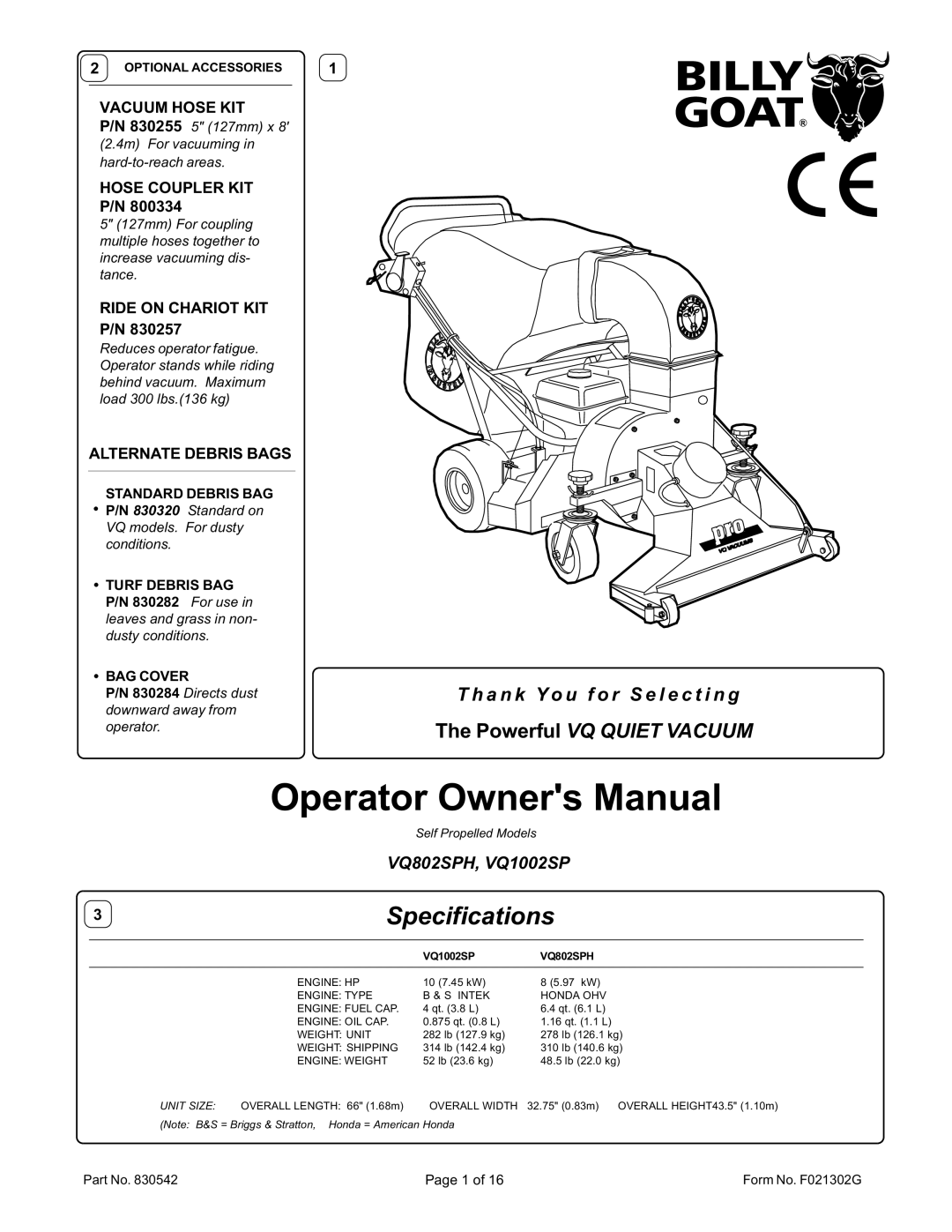 Billy Goat specifications VQ802SPH, VQ1002SP, Vacuum Hose KIT, Hose Coupler KIT, Ride on Chariot KIT 