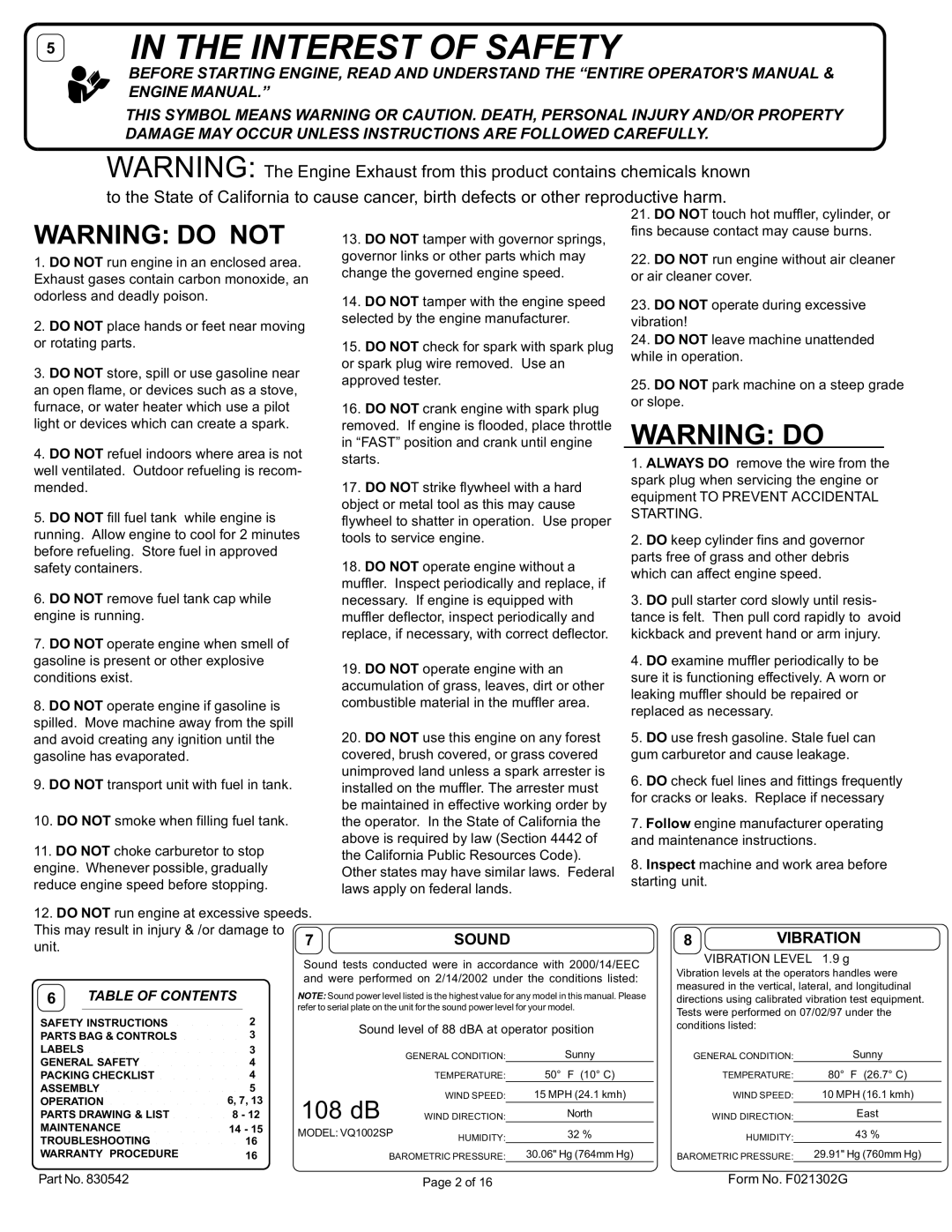 Billy Goat VQ802SPH, VQ1002SP specifications Sound Vibration, Starting, Table of Contents 