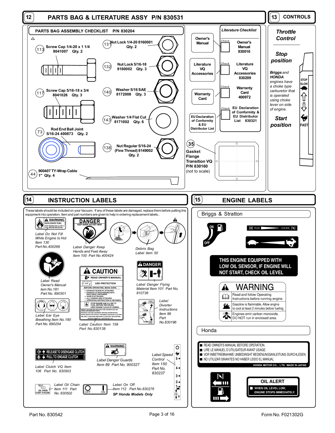 Billy Goat VQ1002SP, VQ802SPH specifications Throttle, Control, Stop, Position, Start, Briggs & Stratton, Honda 