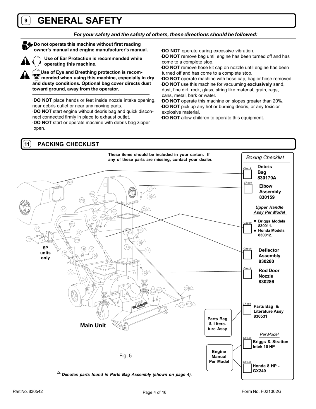 Billy Goat VQ802SPH Boxing Checklist, Check Debris Bag 830170A, Elbow Assembly, Check Deflector Assembly, Rod Door Nozzle 