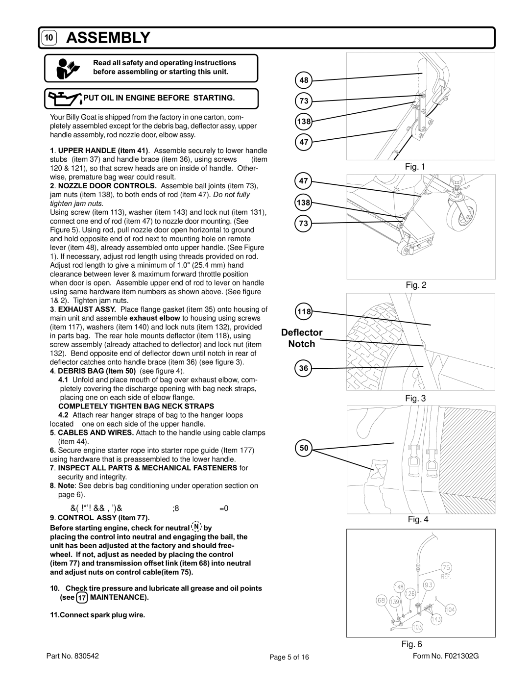 Billy Goat VQ1002SP Deflector Notch, PUT OIL in Engine Before Starting, Self Propelled only before starting unit, 138 118 