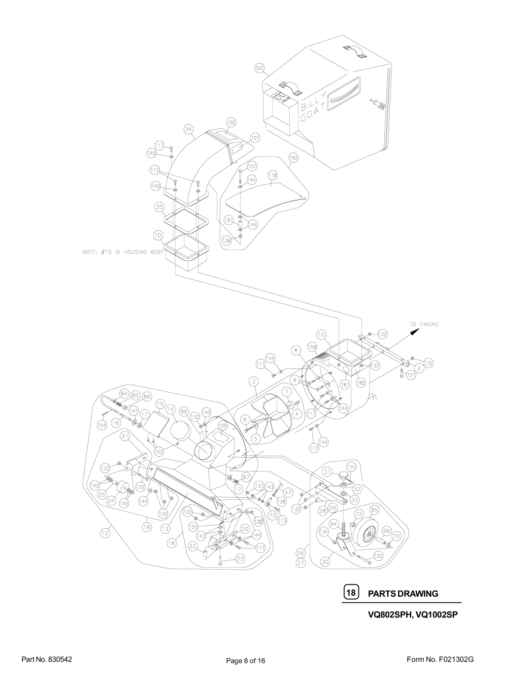 Billy Goat specifications Parts Drawing, VQ802SPH, VQ1002SP 