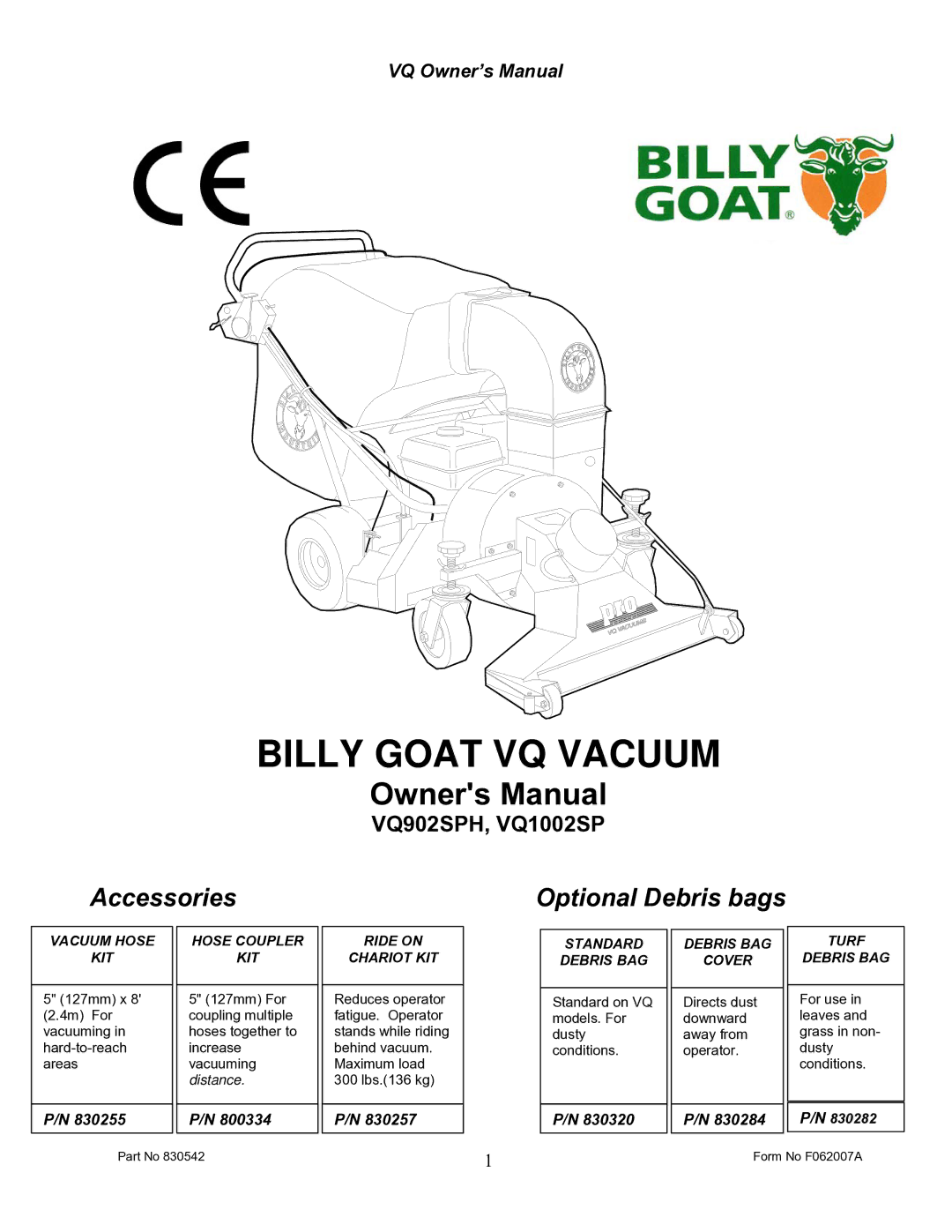 Billy Goat VQ902SPH, VQ1002SP owner manual Billy Goat VQ Vacuum 