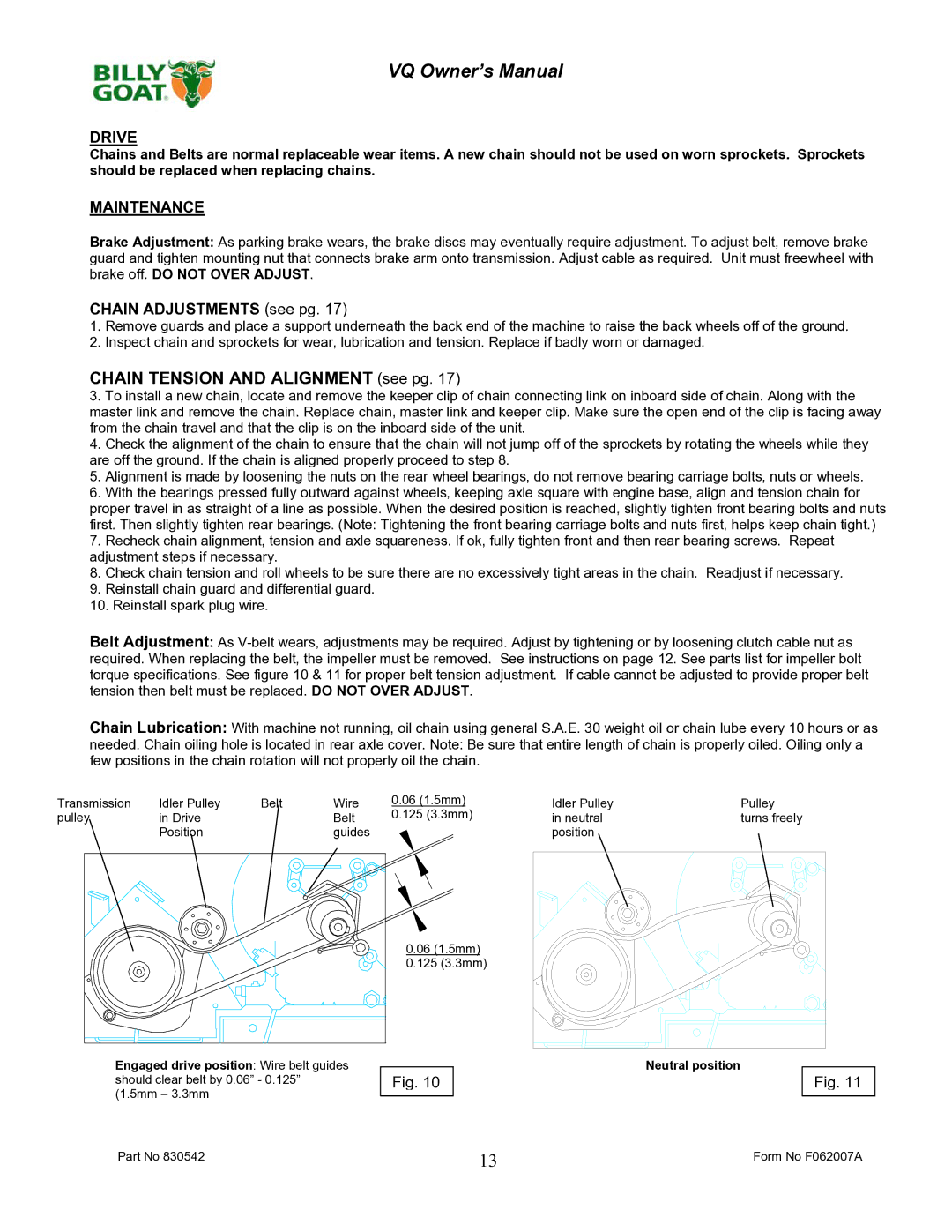 Billy Goat VQ902SPH, VQ1002SP owner manual Drive, Maintenance 