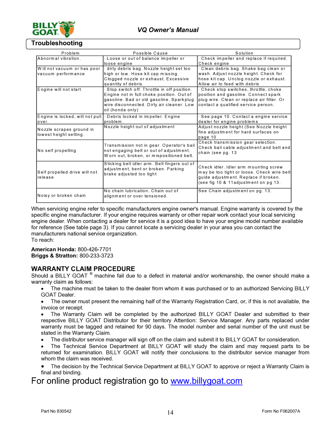 Billy Goat VQ902SPH, VQ1002SP owner manual Troubleshooting, Warranty Claim Procedure 