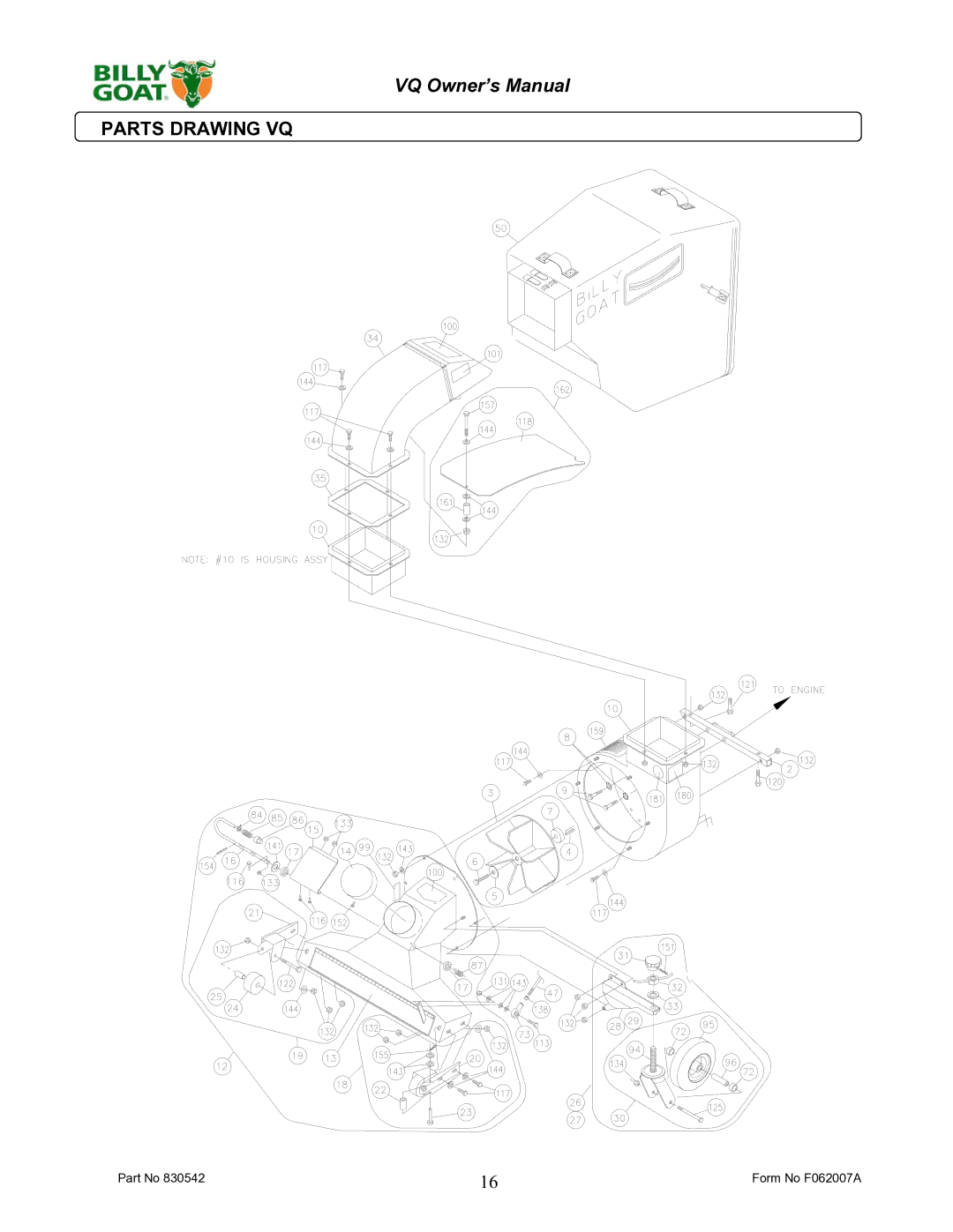 Billy Goat VQ902SPH, VQ1002SP owner manual Parts Drawing VQ 