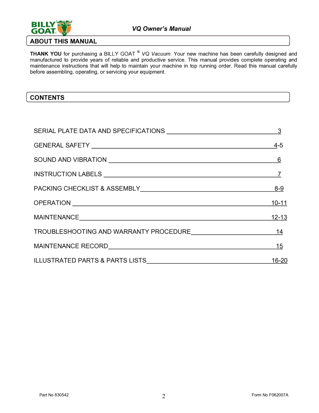 Billy Goat VQ902SPH, VQ1002SP owner manual About this Manual, Contents 