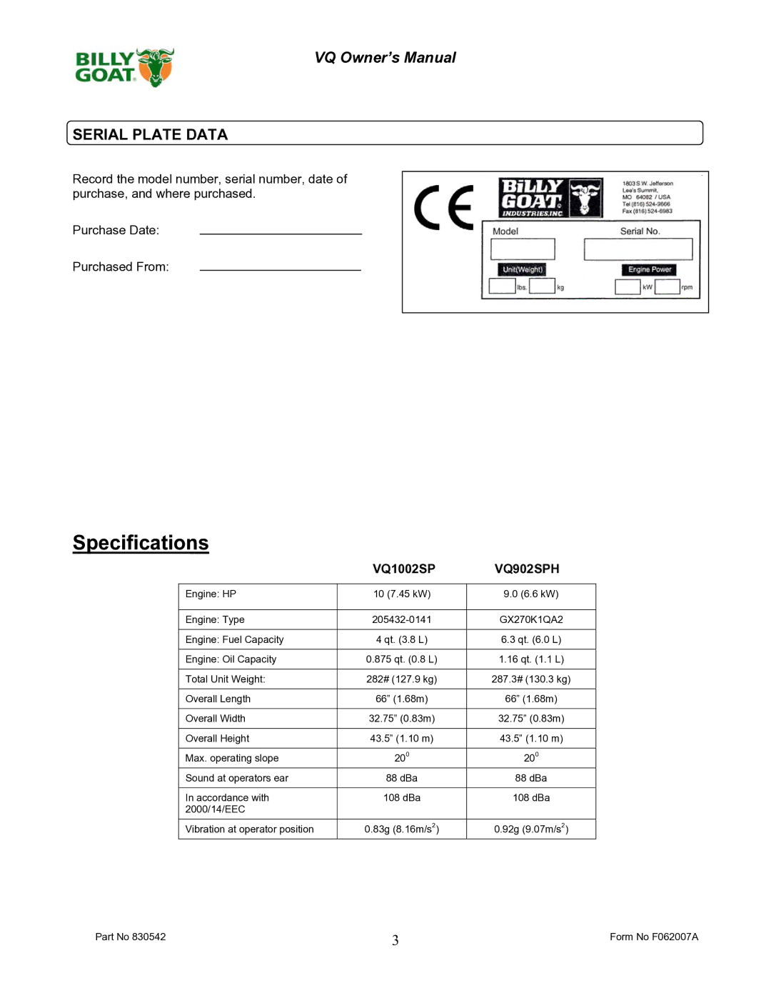 Billy Goat VQ902SPH, VQ1002SP owner manual Serial Plate Data 