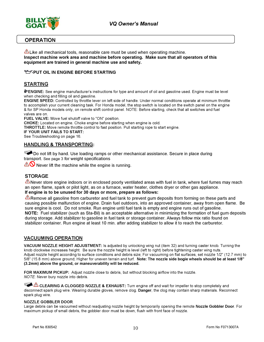 Billy Goat VQ902SPH owner manual Operation, Starting 