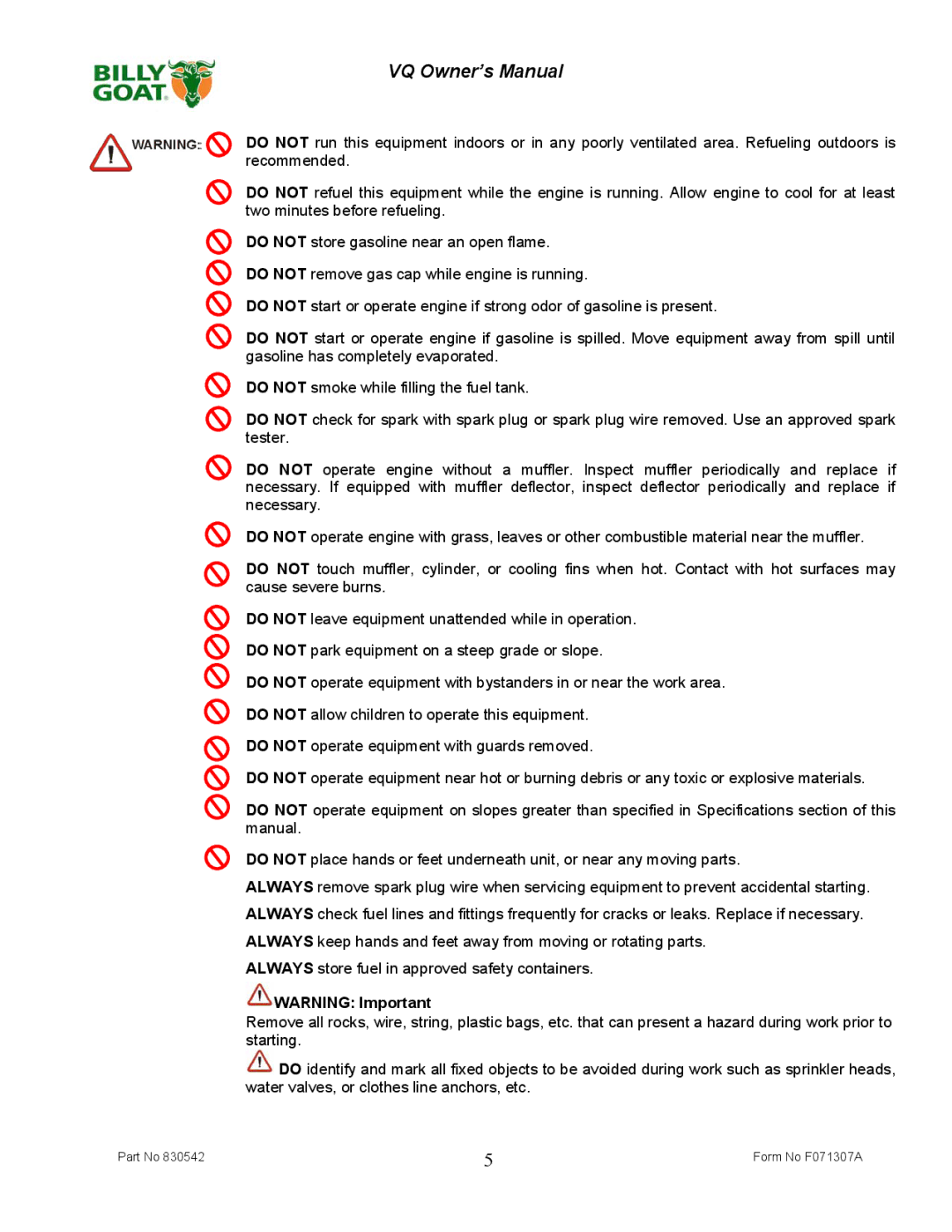 Billy Goat VQ902SPH owner manual Form No F071307A 