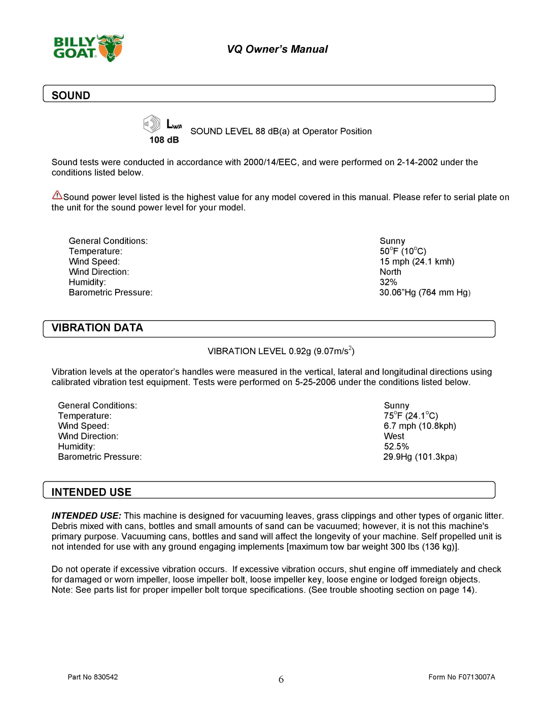 Billy Goat VQ902SPH owner manual Sound, Vibration Data, Intended USE 