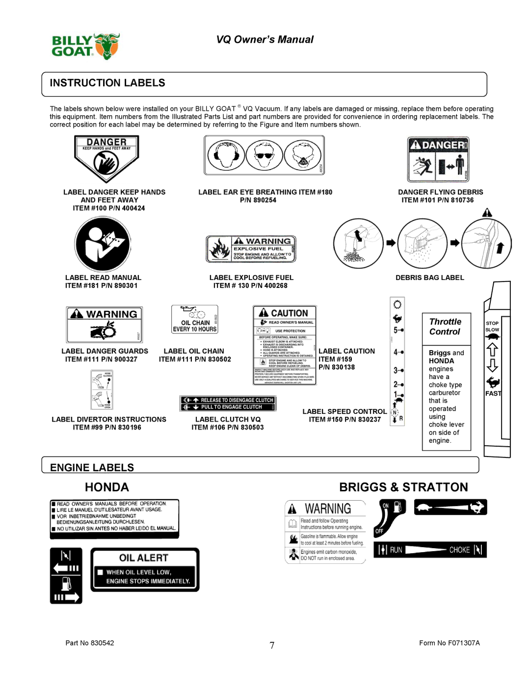 Billy Goat VQ902SPH owner manual Instruction Labels, Engine Labels 