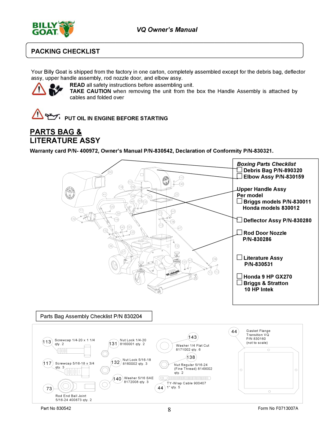 Billy Goat VQ902SPH owner manual Packing Checklist, PUT OIL in Engine Before Starting 