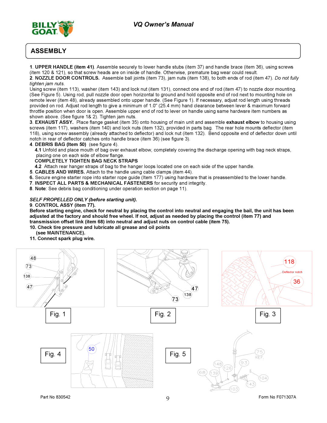 Billy Goat VQ902SPH owner manual Assembly, Tighten jam nuts 