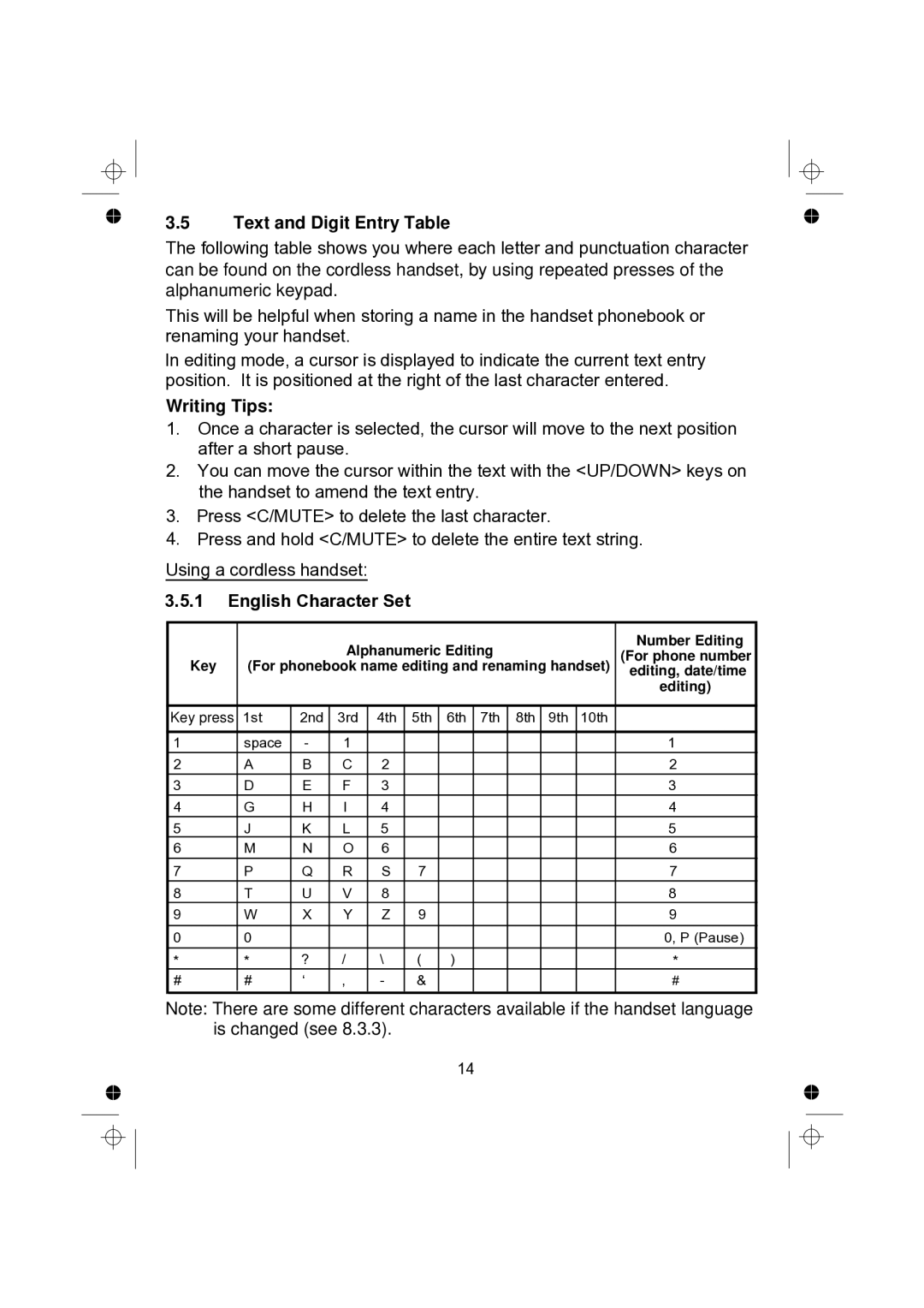 Binatone 2005 TRIPLE, 2005 TWIN manual Text and Digit Entry Table, Writing Tips, English Character Set 