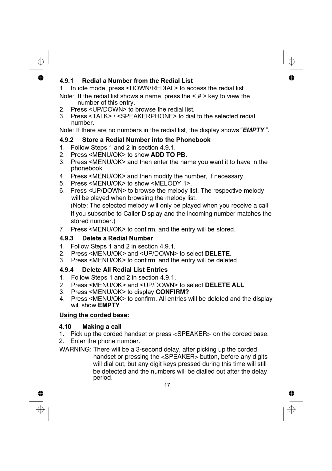 Binatone 2005 TWIN Redial a Number from the Redial List, Store a Redial Number into the Phonebook, Delete a Redial Number 