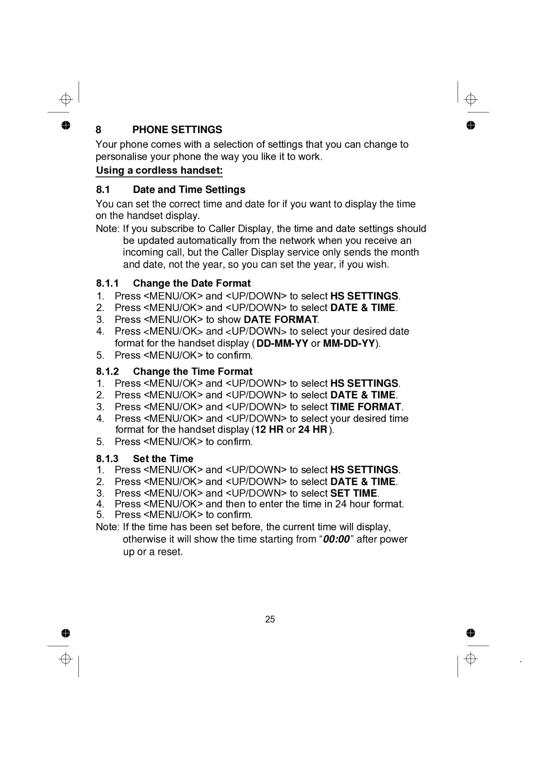 Binatone 2005 TWIN Phone Settings, Using a cordless handset Date and Time Settings, Change the Date Format, Set the Time 