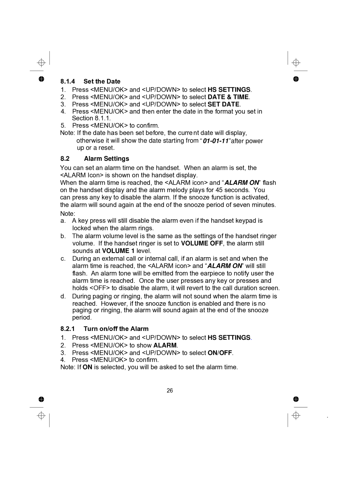 Binatone 2005 TRIPLE, 2005 TWIN manual Set the Date, Alarm Settings, Turn on/off the Alarm 