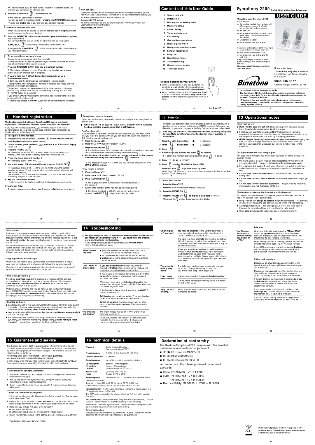 Binatone 2200 manual Contents of this User Guide, Handset registration, Operational notes, Troubleshooting 