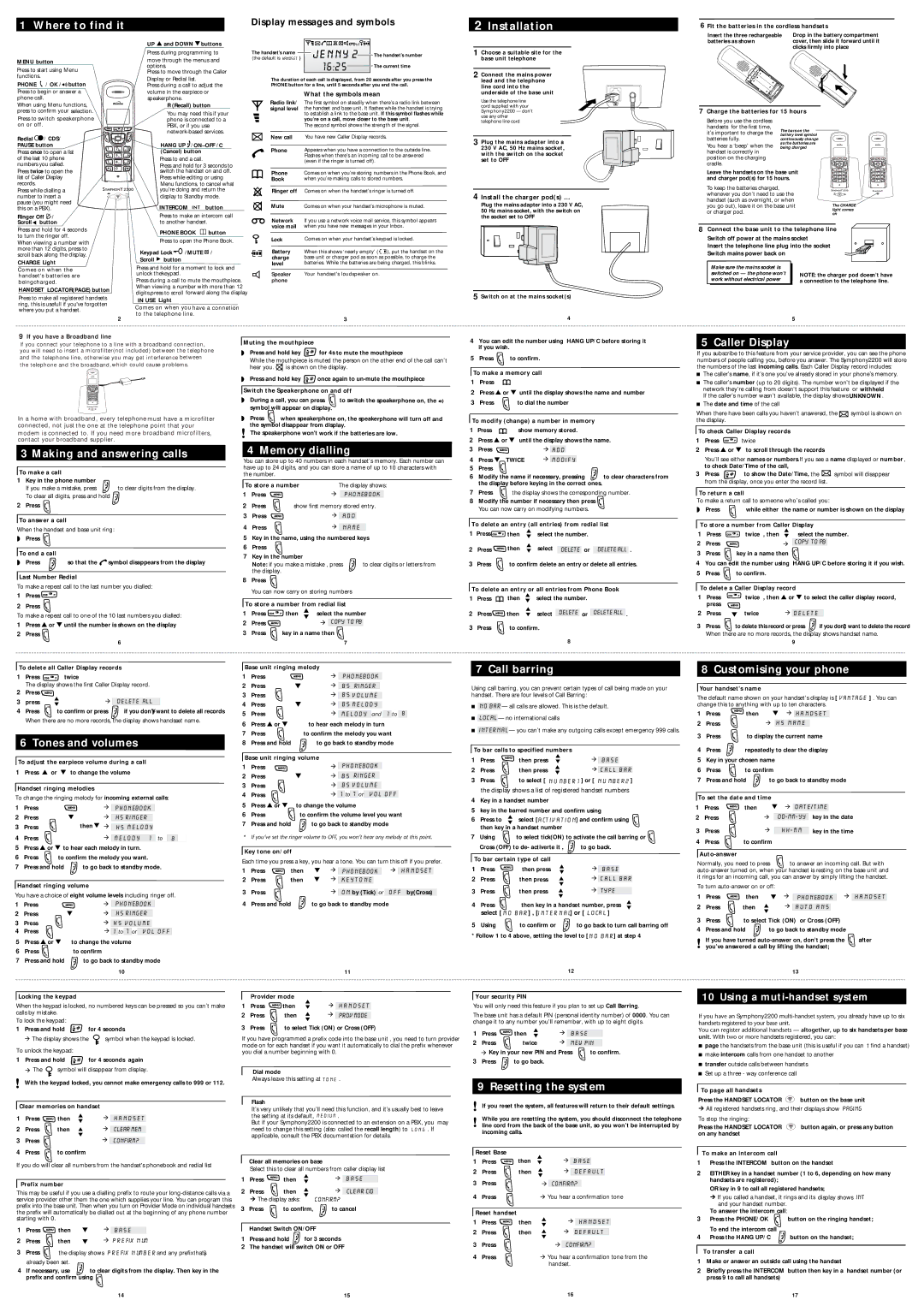 Binatone 2200 Where to find it, Installation, Making and answering calls, Memory dialling, Caller Display, Call barring 