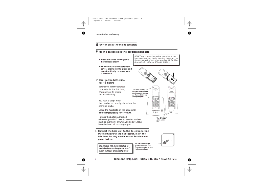 Binatone 2210 manual Fit the batteries in the cordless handsets, Charge the batteries for 15 hours 