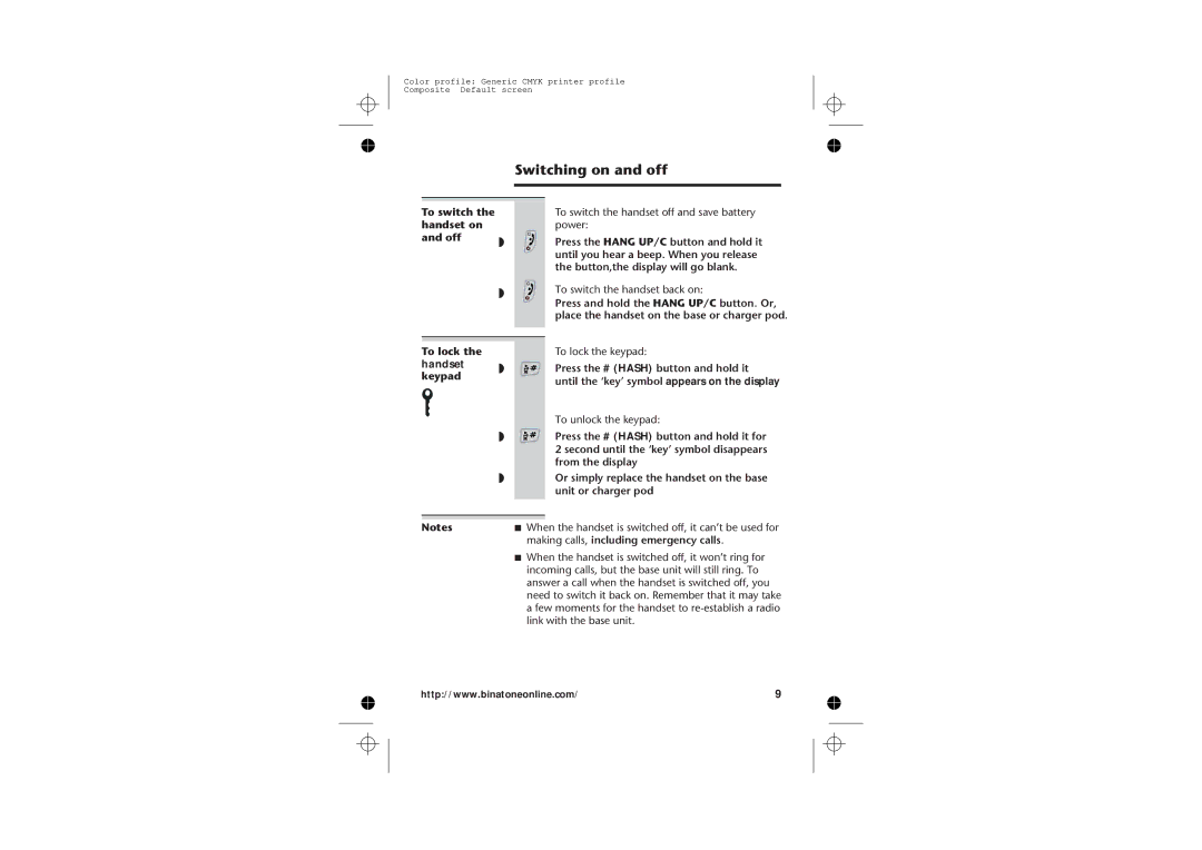 Binatone 2210 manual To switch Handset on Off To lock Keypad, Making calls, including emergency calls 