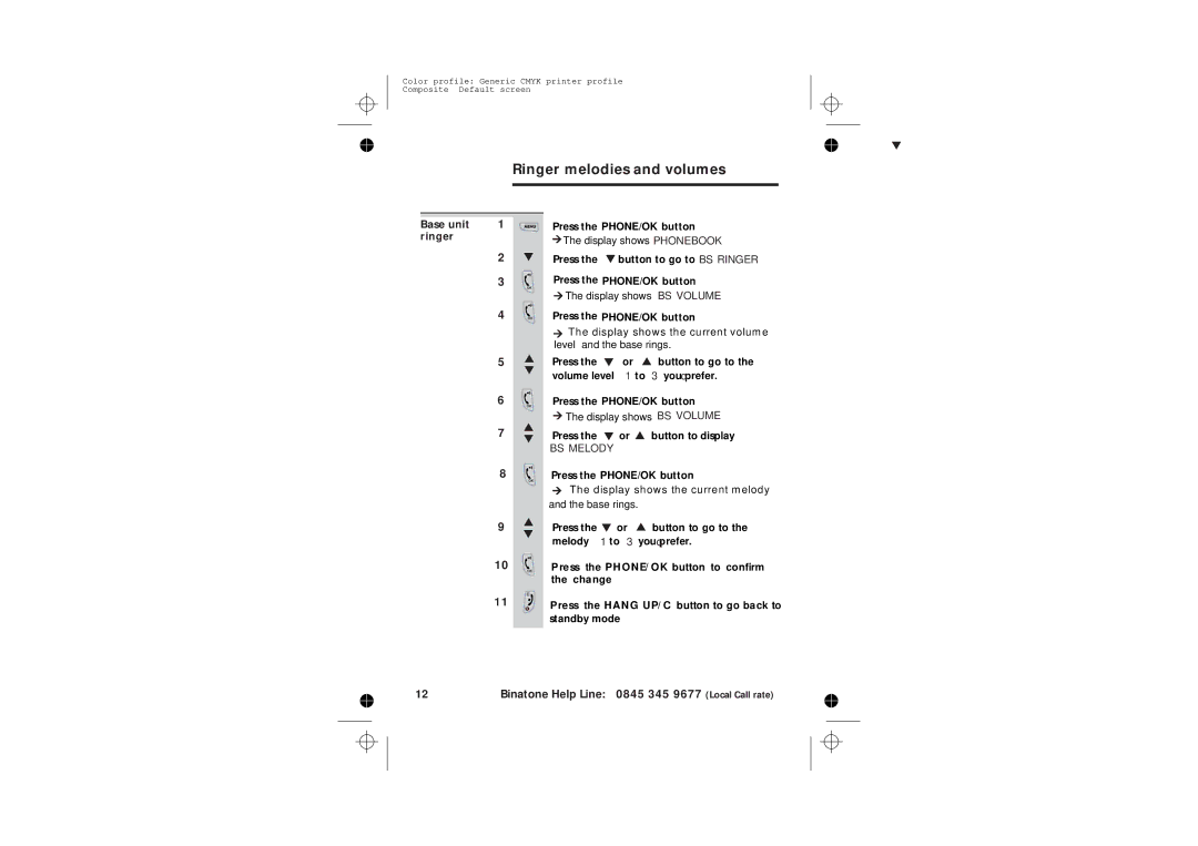 Binatone 2210 manual Ringer melodies and volumes 