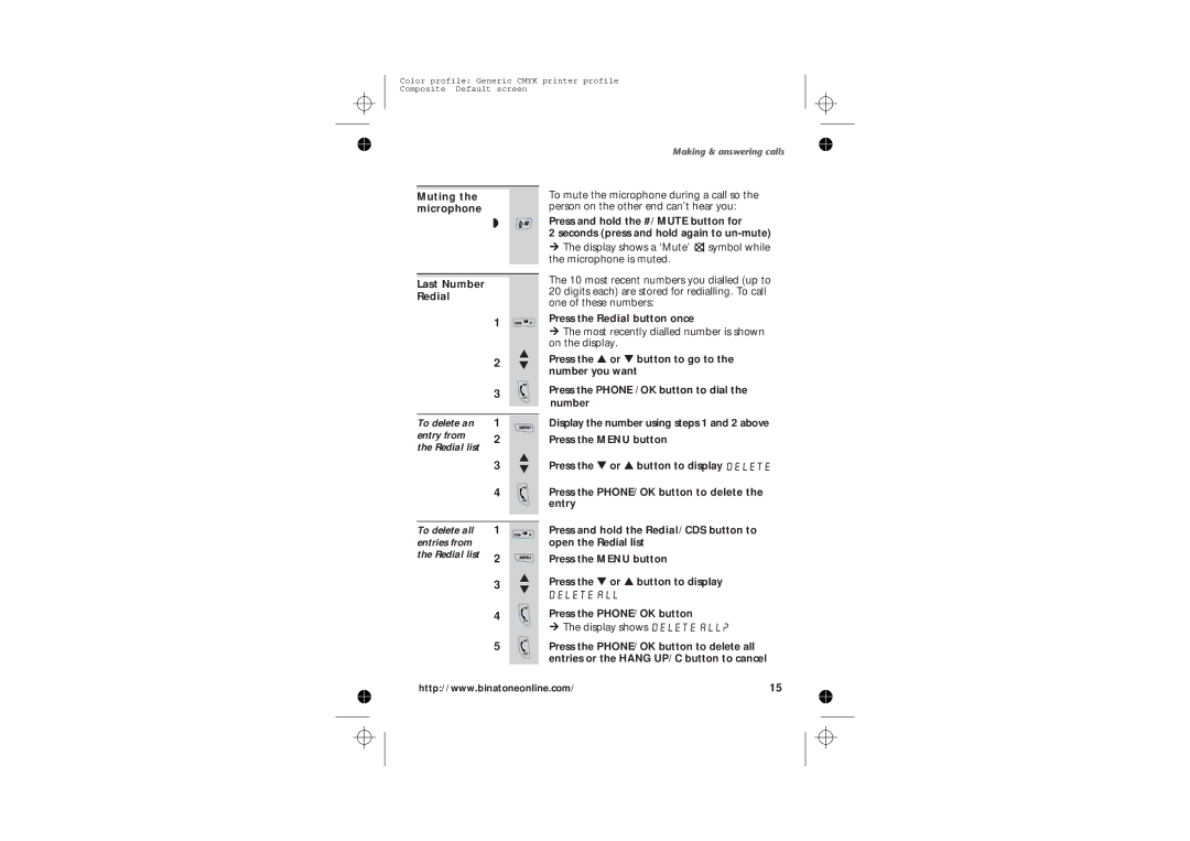 Binatone 2210 manual Muting the microphone Last Number Redial, Press the Redial button once 