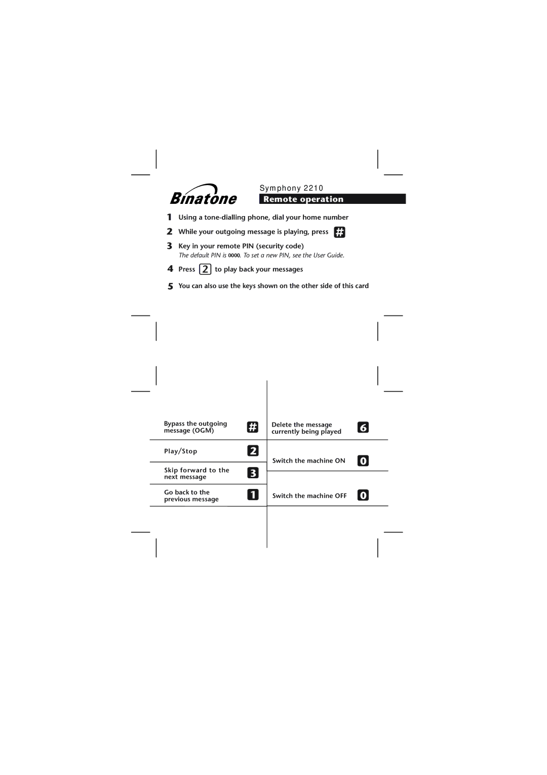 Binatone 2210 manual Remote operation 