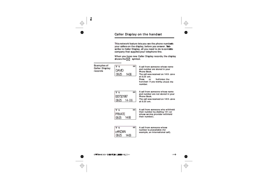 Binatone 2210 manual Caller Display on the handset, Examples of Caller Display records 