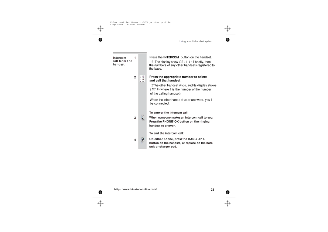 Binatone 2210 manual Intercom 1 call from the handset 