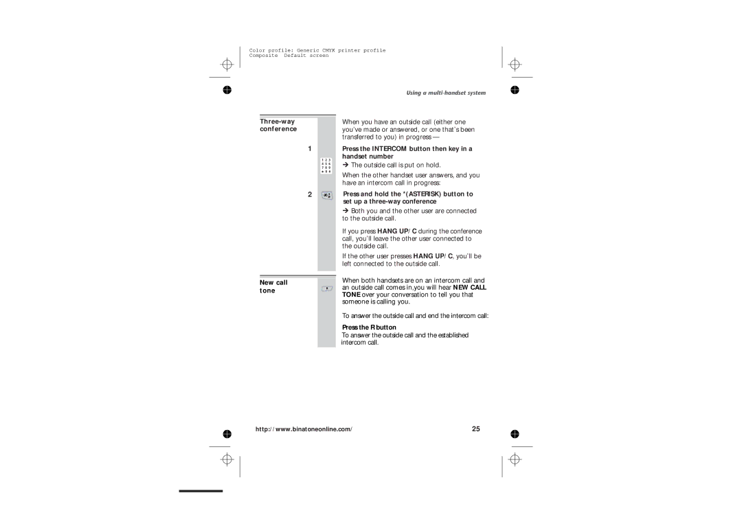 Binatone 2210 manual Three-way conference, New call tone, Press the Intercom button then key in a handset number 