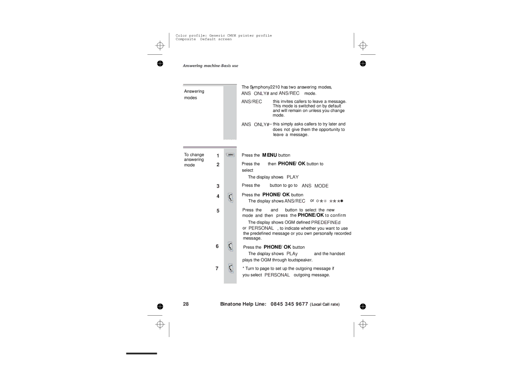 Binatone 2210 manual ANS ONLY#and ANS/REC mode 