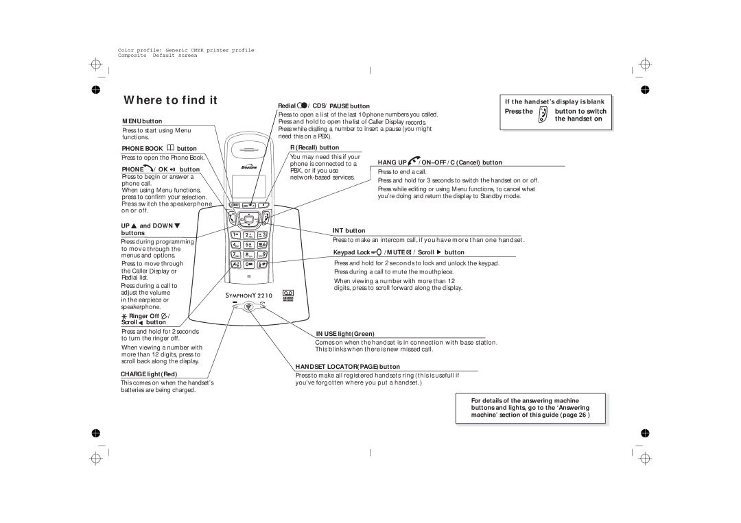 Binatone 2210 manual Where to find it, Press Button to switch Handset on 