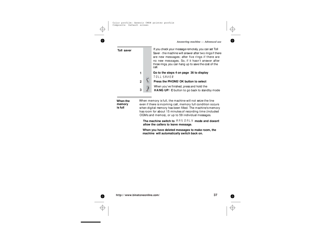 Binatone 2210 manual Toll saver, Go to the steps 4 on page 36 to display, Press the PHONE/OK button to select 