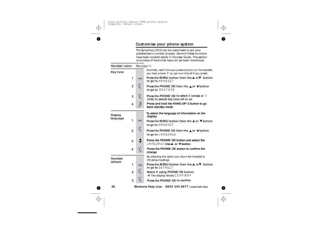 Binatone 2210 manual Customise your phone system, Handset name See Key tone, Press the Menu button then the or button 