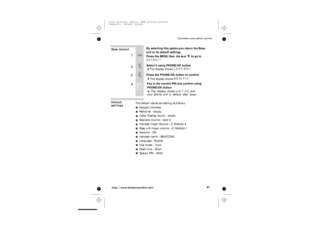 Binatone 2210 manual Base default, Display shows Base, Default, Settings 