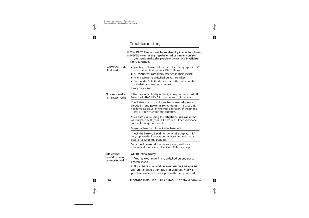 Binatone 2210 manual Troubleshooting, Everyday use 