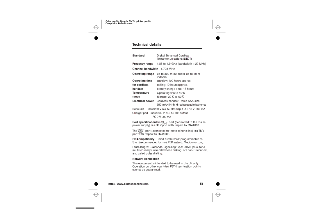 Binatone 2210 manual Technical details, Standard Digital Enhanced Cordless, Channel bandwidth 1.728 MHz, Network connection 