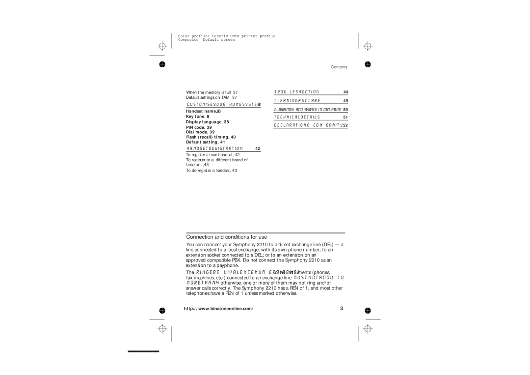 Binatone 2210 manual Connection and conditions for use, Contents 