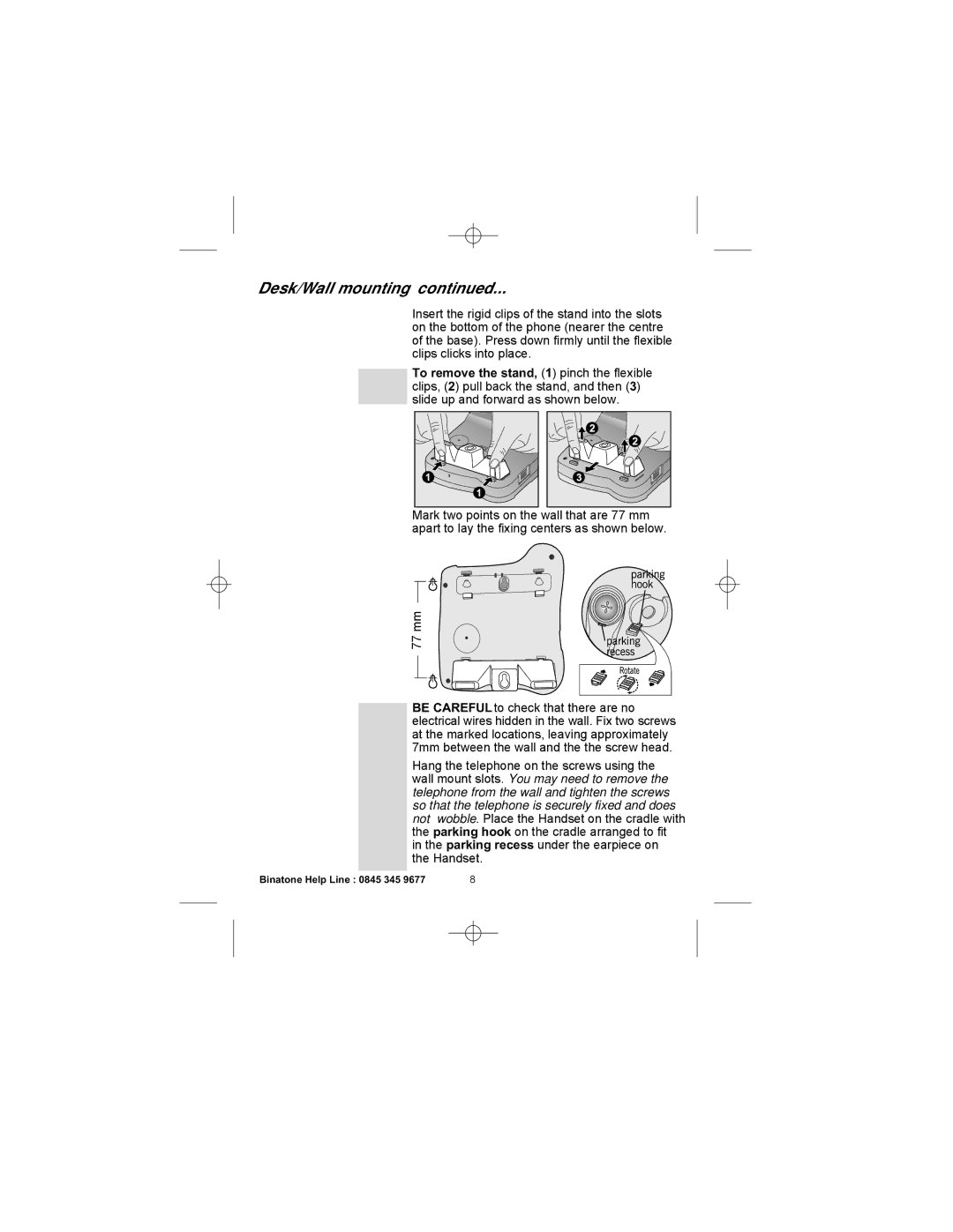 Binatone 2300 manual Desk/Wall mounting 