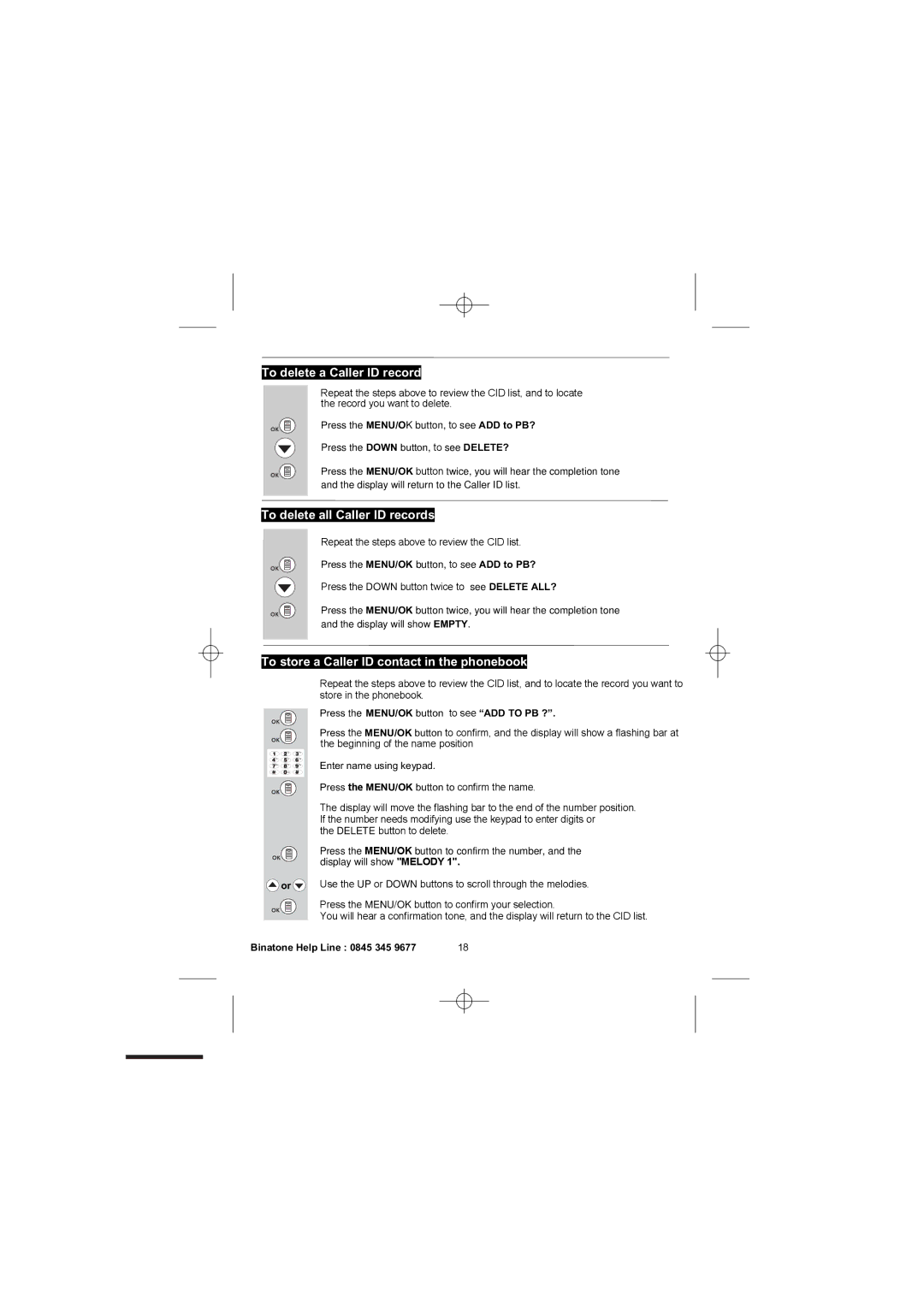 Binatone 2300 To delete a Caller ID record, To delete all Caller ID records, To store a Caller ID contact in the phonebook 