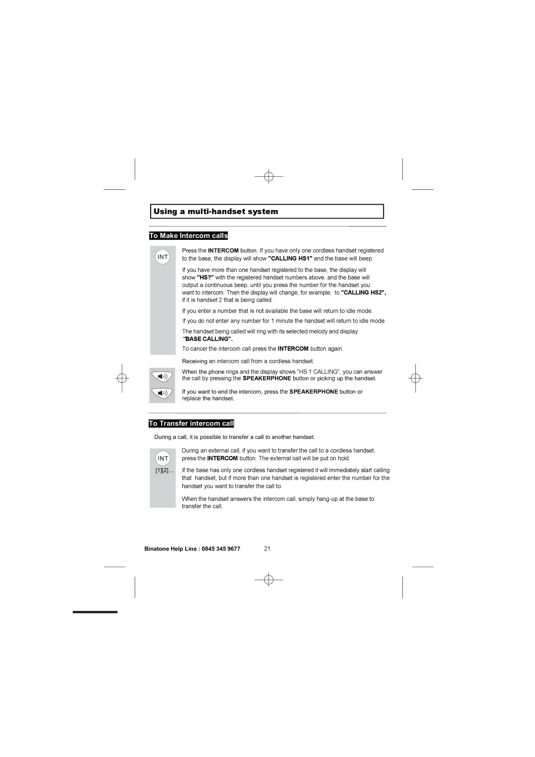 Binatone 2300 manual Using a multi-handset system, To Make Intercom calls, To Transfer intercom call, Base Calling 