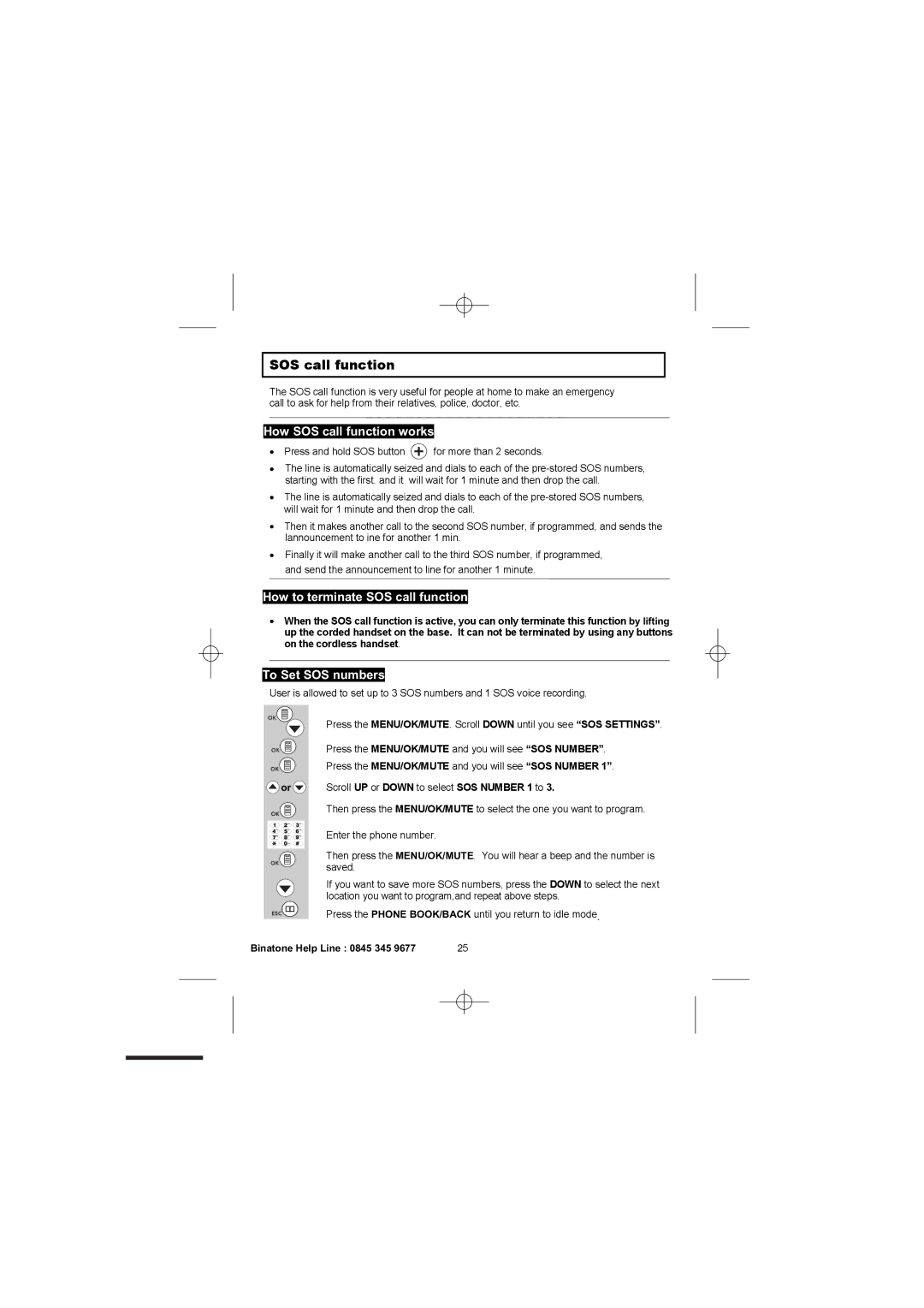 Binatone 2300 manual How SOS call function works, How to terminate SOS call function, To Set SOS numbers 