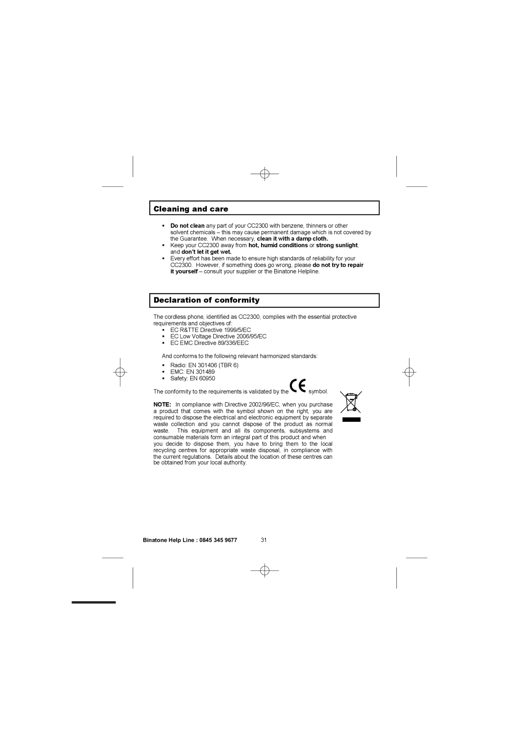 Binatone 2300 manual Cleaning and care, Declaration of conformity 